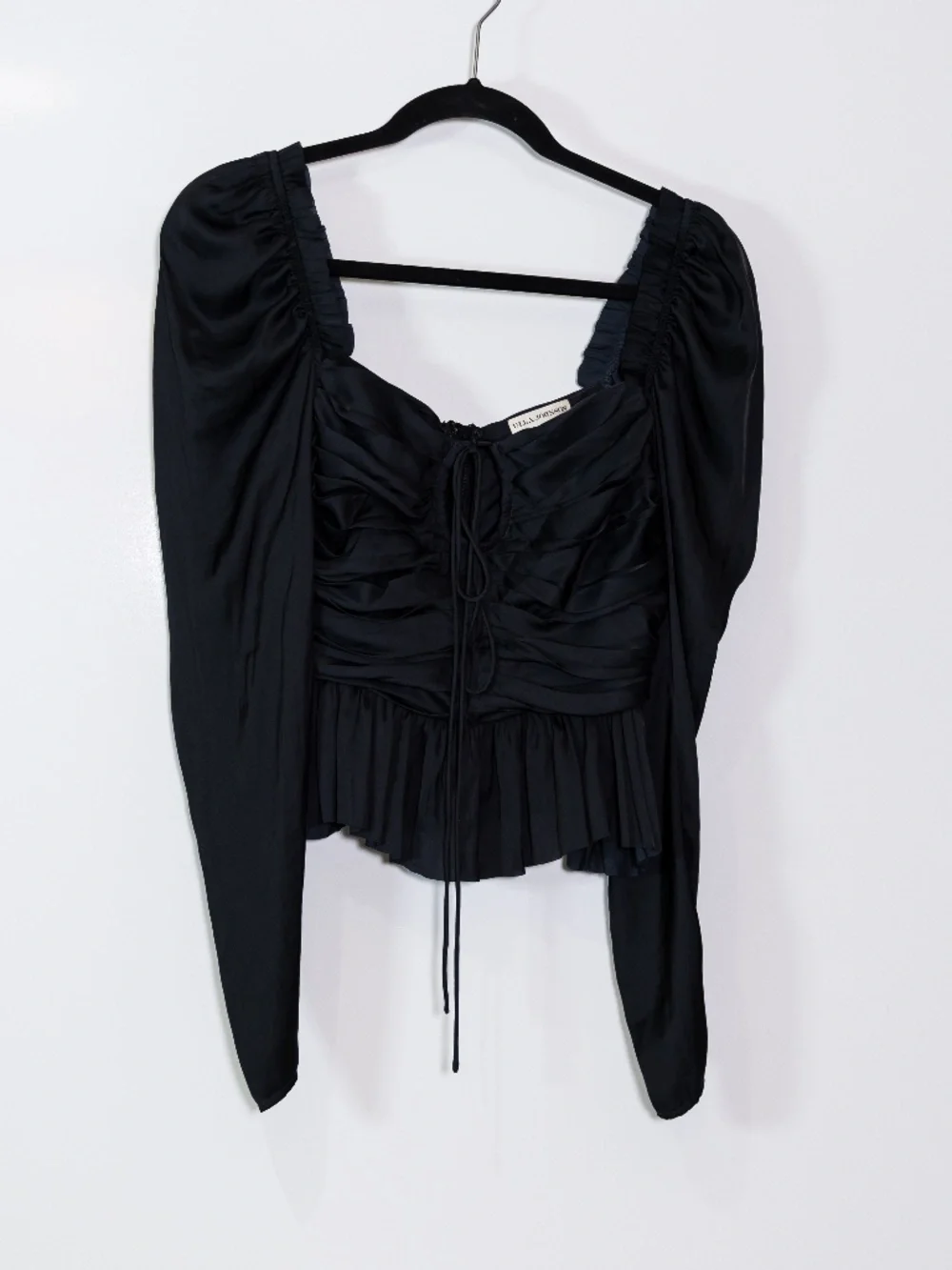 Ulla Johnson Mirelle Satin Ruched Ruffle Long Sleeve Blouse Top Noir Black 4
